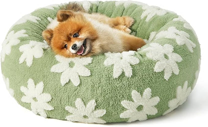 LE SURE Small Dog and Cat Bed - Round Calming Beds as Present for Pets, Cute Modern Design with Jacquard Shaggy Plush, Anti-Slip Bottom, 23 Inch, Green