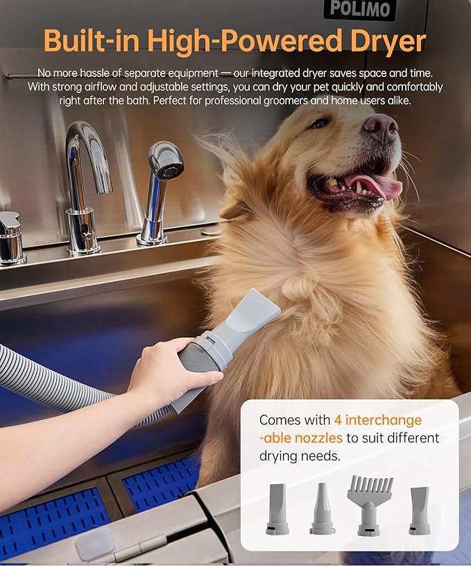 POLIMO Dog Wash Station with Pet Dryer & LED, Professional Dog Bathing Station for Large, Medium & Small Dogs – with Window, Ramp, Drawer, Floor Grate, LED Display & Faucet (Left Ramp & Dryer, 61")