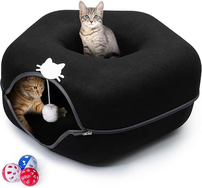 Meow Mansion Hexagon Cat Cave Donut Bed - for Medium and Small Size Cats - 3 Toy Balls & Hanging Ball Included - Scratch Resistant, Detachable and Cleanable Heaxgon Bed