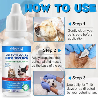 Cat & Dog Ear Infection Treatment Drops, Pets Ear Cleaning Solution Drops with 1% Hydrocortisone Soothing Dog Yeast Infection, Treats Ear Infections, Itchy Ear Relief, Cat Ear Care Supplies