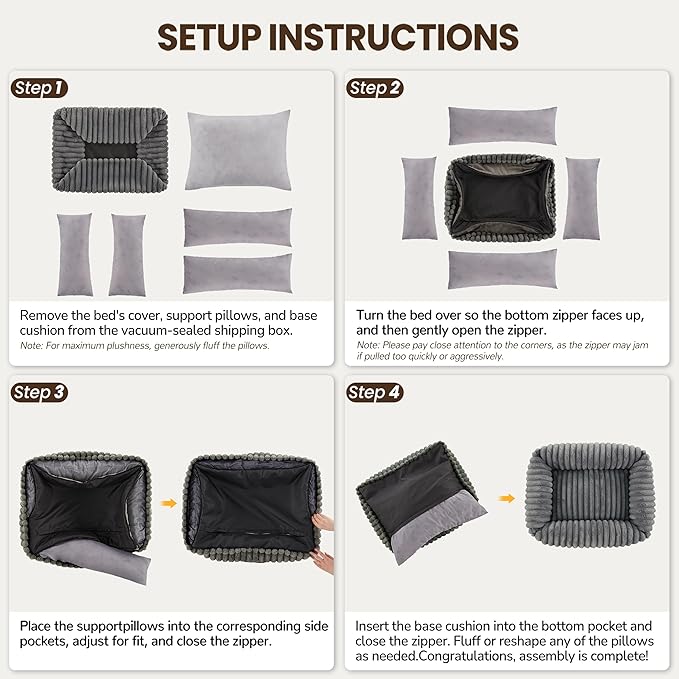 Warmrest Washable Dog Bed for Small Medium Dogs - Rectangle Orthopedic Corduroy Fleece Pet Bed with Removable Cover and Nonskid Bottom, Calming Puppy Bed Soft Pet Sofa, Grey(30x24x8inchs)
