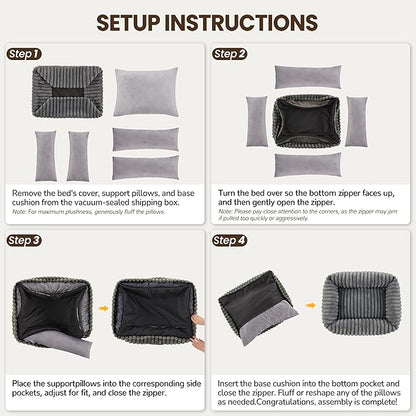 Warmrest Washable Dog Bed for Small Medium Dogs - Rectangle Orthopedic Corduroy Fleece Pet Bed with Removable Cover and Nonskid Bottom, Calming Puppy Bed Soft Pet Sofa, Grey(20x19x6inchs)