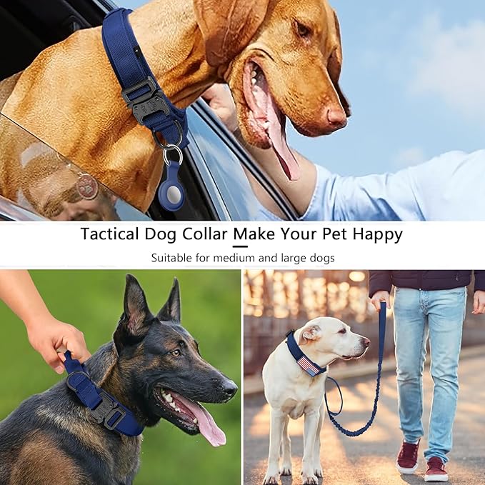 DAGANXI Tactical Dog Collar, Adjustable Military Training Nylon Dog Collar with Control Handle and Heavy Metal Buckle for Medium and Large Dogs, with Patches and Airtags Case (Midnight Blue-Set, XL)