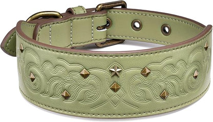 Blueberry Pet Premium Embossed Sage Green Glam Silver-Powered Freshness Microfiber Leather Dog Collar with Antique Brass Studs