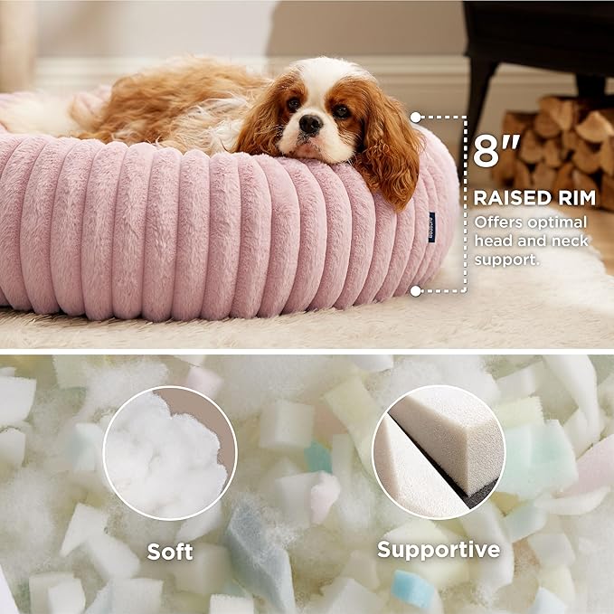 Bedsure ComfyFleece Donut Medium Dog Bed - Washable Faux Fur with Corduroy Fleece & Anti Slip Bottom, Round Pet Bed with Removable Cover, Blush Pink, 30x30x8 inches