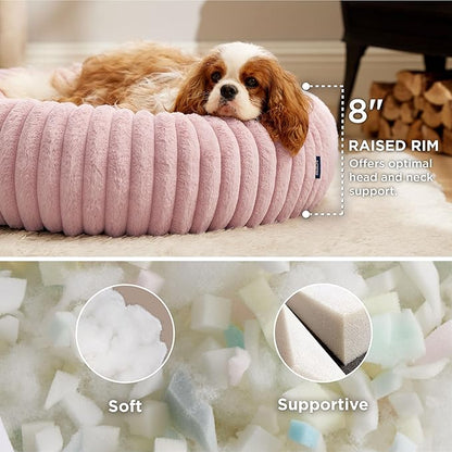 Bedsure ComfyFleece Donut Medium Dog Bed - Washable Faux Fur with Corduroy Fleece & Anti Slip Bottom, Round Pet Bed with Removable Cover, Blush Pink, 30x30x8 inches