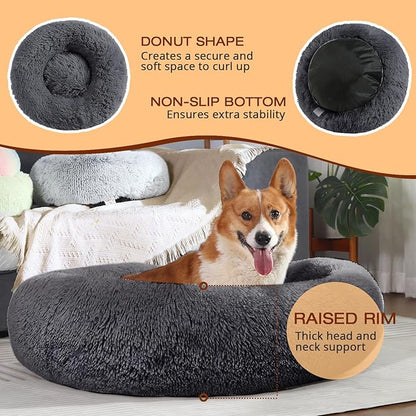 JOLLYVOGUE Dog & Cat Bed, Calming Anti-Anxiety Pet Bed for Small Dogs, Fluffy Donut Cushion for Small and Medium Pets (23")