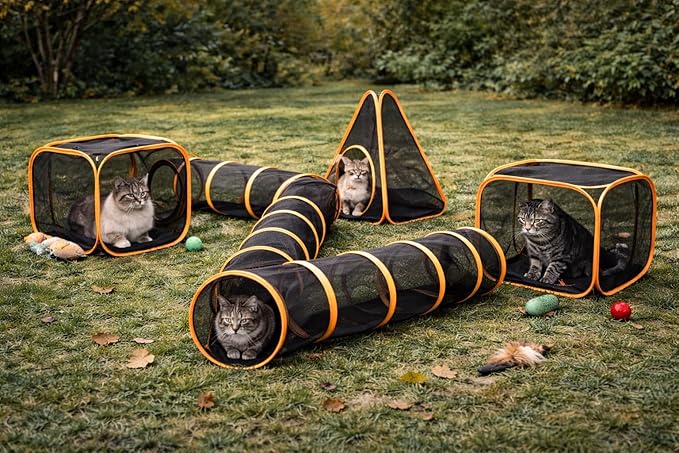 Outdoor Cat Tunnel Playset with Pop-Up Cubes & Tent – Portable Mesh Cat Playpen for Yard, Secure Enclosed Tunnel System for Cats, Kittens, Rabbits & Small Pets