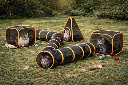 Outdoor Cat Tunnel Playset with Pop-Up Cubes & Tent – Portable Mesh Cat Playpen for Yard, Secure Enclosed Tunnel System for Cats, Kittens, Rabbits & Small Pets