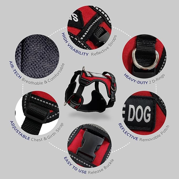 ActiveDogs No Pull Harness - Adjustable Service Dog Vest for XL Dogs, Red, 31"-44" with Patch, Control Handle, ID Window, D-Rings & Reflective Padding