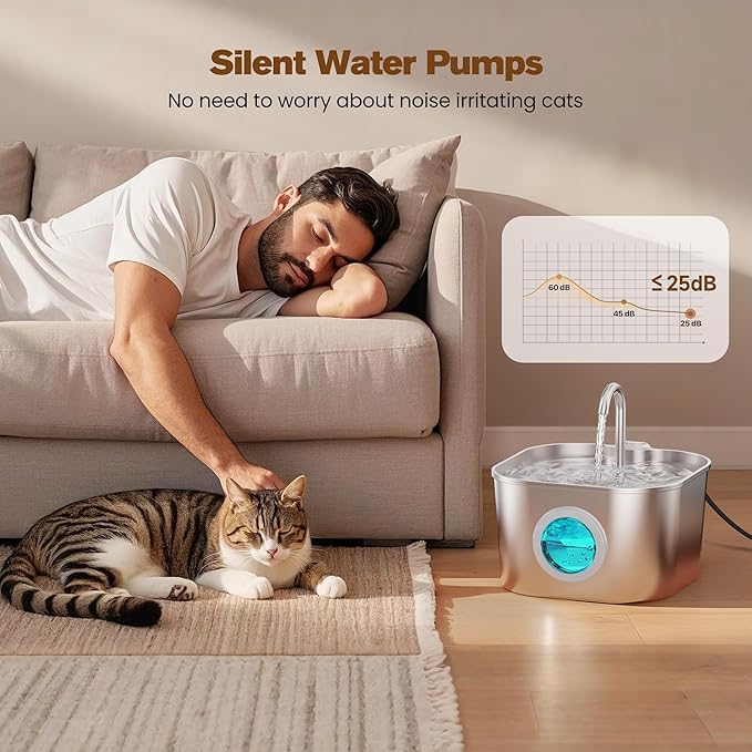 HOOISE Cat Water Fountain with 8 Filters + 5 Sponges,Small Pet Waterer Dispenser Fountains for Drinking Cats Indoor Metal Automatic Waterer Bowl 24/7 Running Auto Kitty Watering Supplies Quiet Pump
