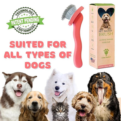 Pet Slicker Brush With Soft Massage Grooming Stainless Steel Pins - For Dematting, Shedding Fur, and Undercoat - Ideal Gift for Professional Pet Groomers - Long Slicker Brush (Coral, Curved Small)