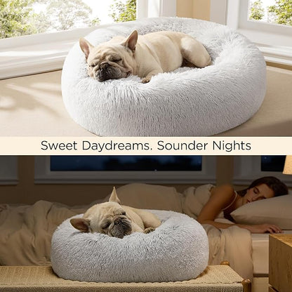 Bedsure Calming Dog Bed for Large Dogs - Donut Washable Large Pet Bed, 36 inches Anti-Slip Round Fluffy Plush Faux Fur Dog Bed, Fits up to 80 lbs Pets, Frost Grey