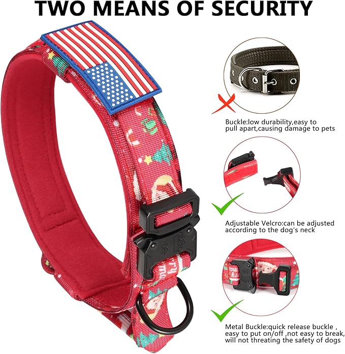 DAGANXI Christmas Tactical Dog Collar, Adjustable Military Training Nylon Dog Collar with Control Handle and Metal Buckle for Medium and Large Dogs, with Patches and Airtags Case (XL, Christmas red)