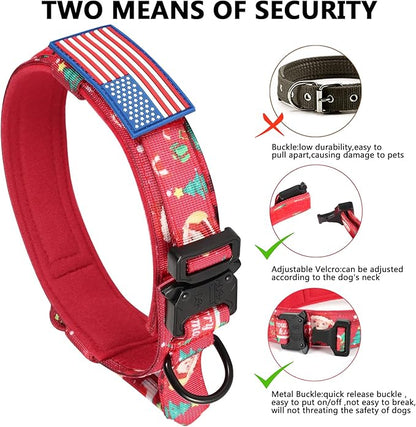DAGANXI Christmas Tactical Dog Collar, Adjustable Military Training Nylon Dog Collar with Control Handle and Metal Buckle for Medium and Large Dogs, with Patches and Airtags Case (XL, Christmas red)