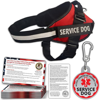 Service Dog Vest + ID Tag + 50 ADA Information Cards - Service Dog Harness in Sizes X Small to XX Large, Metal Dog Tag has Durable Clip, Service Animal Information Cards are 2-Sided. ESA Accessory Set