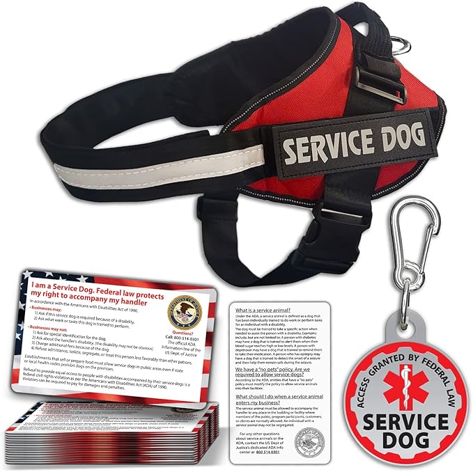 Service Dog Vest + ID Tag + 50 ADA Information Cards - Service Dog Harness in Sizes X Small to XX Large, Metal Dog Tag has Durable Clip, Service Animal Information Cards are 2-Sided. ESA Accessory Set