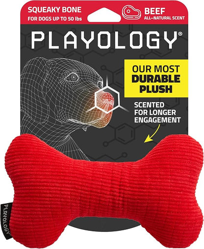 Playology Dog Toys | Plush Squeaky Bone Chew Toy for Dogs | Medium Beef Scented Toy - Easy to Clean and Made from Non Toxic Materials
