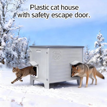 Weatherproof Insulated Outdoor Cat House for Feral Cat, Plastic Elevated Cat Shelter with Escape Door, Easy Assemble, Expansive Interior‌ Grey 22.0" L x 21.0" W x 16.0" H
