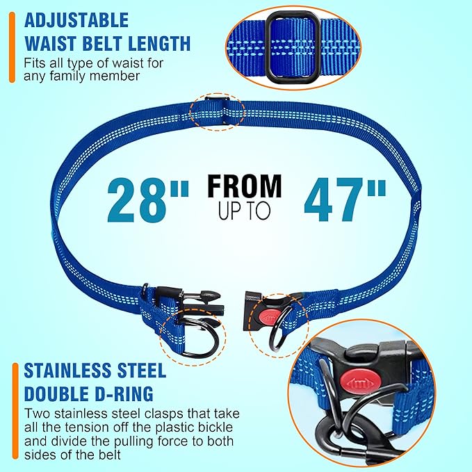 Hands Free Dog Leash with Waist Belt – No-Pull Bungee, Dual Padded Handles & Zipper Pouch for Running, Walking & Training – Adjustable Waist Leash for Large & Medium Dogs (Dark Blue)