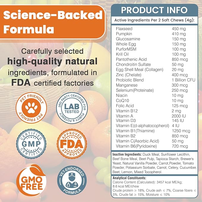 24-in-1 Dog Vitamins and Supplements 300 Ct Dogs Multivitamin Chewable Contain Chondroitin Probiotics Omega-3 Glucosamine for Dogs Skin Coat Heart Joint Gut Liver Brain Immune Support - Peanut Butter