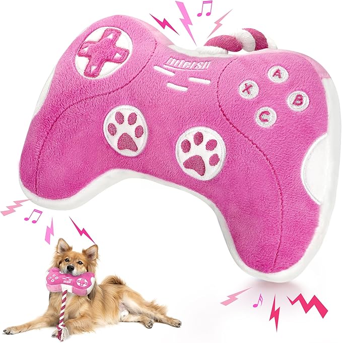 MTERSN Cute Dog Plush Toys : Squeaky Dog Toys with Crinkle Paper and Interactive Rope Toy for Tug of War - Game Controller Dogs Chew Toy with 3 Squeakers for Puppy, Small, Medium, Large Dogs (Pink)