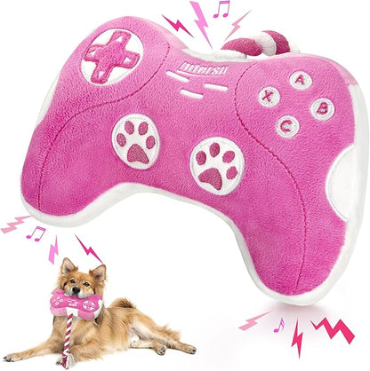 MTERSN Cute Dog Plush Toys : Squeaky Dog Toys with Crinkle Paper and Interactive Rope Toy for Tug of War - Game Controller Dogs Chew Toy with 3 Squeakers for Puppy, Small, Medium, Large Dogs (Pink)