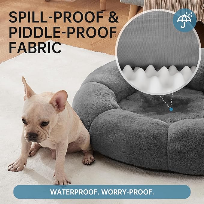 OhGeni 31 inches Calming Donut Orthopedic Dog & Cat Bed for Medium Pets, Warming Comfort Fluffy Short Pile Fur, Durable Waterproof Machine Washable Removable Cover, Cute Round Bed for Puppy, Dark Gray