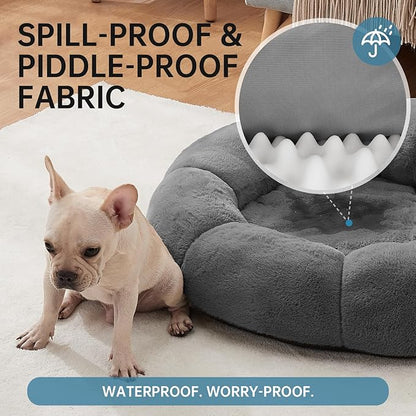 OhGeni 31 inches Calming Donut Orthopedic Dog & Cat Bed for Medium Pets, Warming Comfort Fluffy Short Pile Fur, Durable Waterproof Machine Washable Removable Cover, Cute Round Bed for Puppy, Dark Gray
