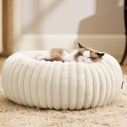 Bedsure ComfyFleece Cat beds for Indoor Cats - Donut Dog Beds for Small Dogs with Corduroy Fleece & Anti Slip Bottom, Faux Fur Pet Beds with Washable Removable Cover, Cream, 20x20x6 inches
