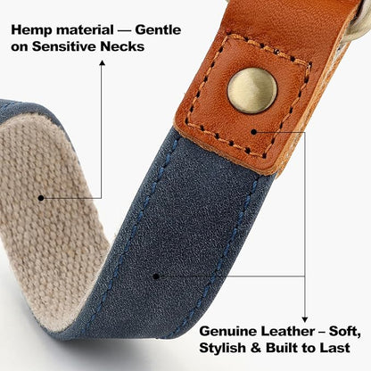 Plutus Pet Genuine Leather & Hemp Dog Collar – Adjustable Heavy Duty Pet Collar with Quick Release Metal Buckle, Soft & Stylish for Puppy and Small, Medium, Large Dogs (Blue, XS)