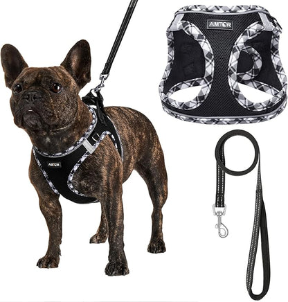 AMTOR Small Dog Harness with Leash Set, No Escape Easy Walk Puppy Harnesses for Training Walking, Step-in Reflective Soft Dogs Vest for XS S Medium Extra-Small Large Sized Dog(Blackwhite,S)