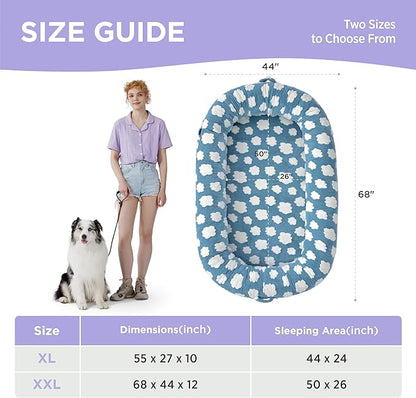 LE SURE Human Dog Bed for Adult & Kids - Calming XXL Size Bed with Egg Foam Supportive Mat as Gift for Family, Cute Modern Beds with Jacquard Shaggy Plush & Anti Slip Bottom 55x37x10, Blue