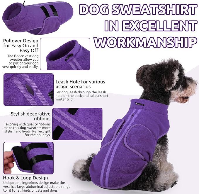 Queenmore Small Dog Sweaters, Soft Fleece Vest Pullover Dog Jacket with Leash Hole, Warm Winter Pet Clothes Cold Weather Doggy Dachshund Sweater for Medium Dogs Cats Boy or Girl (Lavender, S)