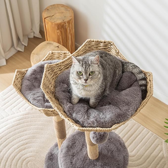 PISARRY Cat Tree Tower, 46 inch Modern Cat Tree for Indoor Cats Large Adult, Luxury Cat Condo with Scratching Post, Real Solid Wood Branch Indoor Boho Furniture, Climbing Tower, Gray