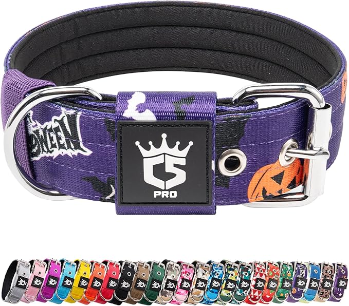 TSPRO Tactical Dog Collar 1.5 Inch Wide Thick Dog Collars with Heavy Duty Metal Buckle, Durable, Strong, Adjustable for Medium to Large Dogs (Halloween Purple L)