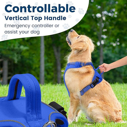 Funfox Dog Harness Medium No Pull, Adjustable 2 Clips Anti-Pull Vest with Practical Handle, Breathable Padded Pet Harness Designed for Small/Large Breeds, Reflective Training Walking Blue M