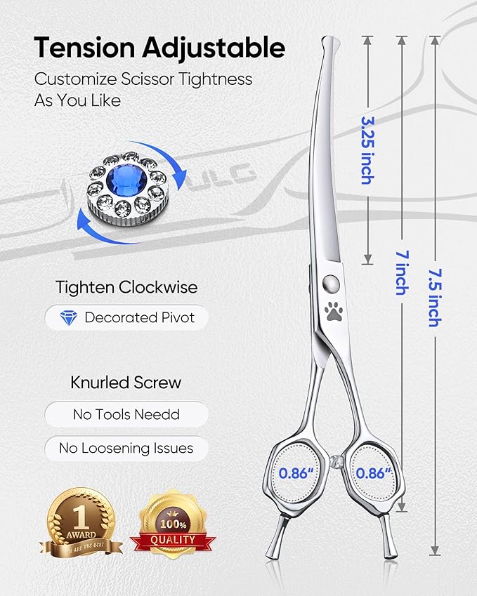 ULG Curved Dog Shears for Grooming, 7.0" Professional Curved Dog Grooming Scissors for Trimming and Cutting, 440C Stainless Steel Pet Hair Scissors