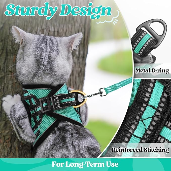 rabbitgoo Cat Harness and Leash Set for Walking Escape Proof, Adjustable Soft Kittens Vest with Reflective Strip for Cats, Comfortable Outdoor Vest,Green,M