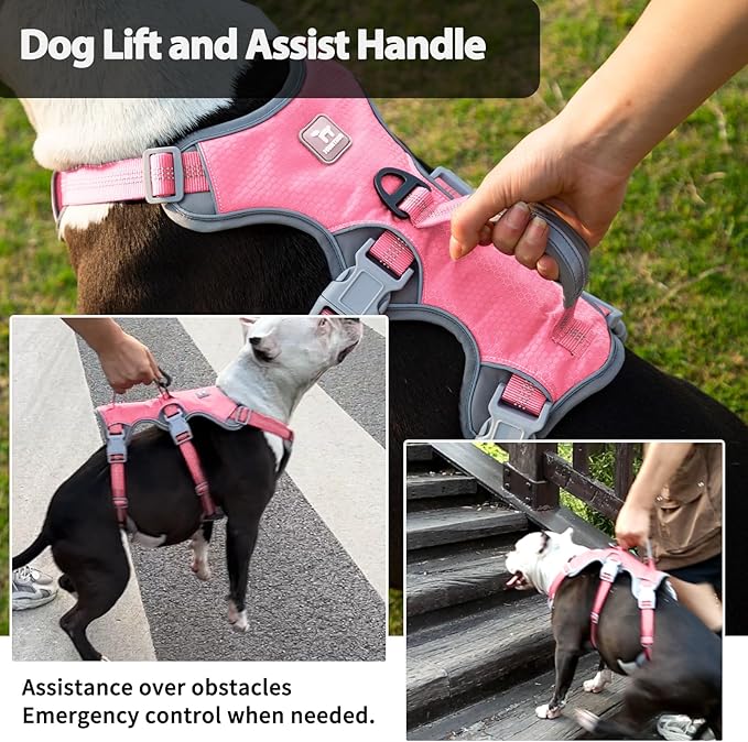 Huntboo Escape Proof Dog Harness, Escape Artist Harness, Reflective Harness with Padded Handle, Breathable, Durable, Adjustable Vest for Medium Dogs Walking, Training, and Running Gear (Pink,L)