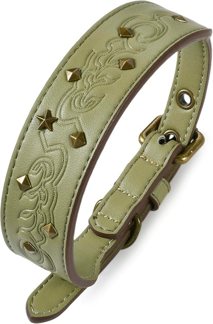 Blueberry Pet Premium Embossed Sage Green Glam Silver-Powered Freshness Microfiber Leather Dog Collar with Antique Brass Studs