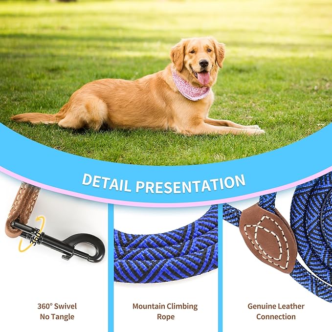 Mile High Life Short Leash for Large Dogs, Short Dog Rope Leash with Heavy Duty Metal Sturdy Clasp, Genuine Leather Tailored Connection(Blue, 18 Inch)
