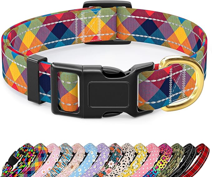 Reflective Dog Collar for Medium Dogs, Cute Boho Adjustable Heavy-Duty Nylon Puppy Collar for Boy and Girl Female, Soft Pet Accessories with Quick Release Buckle, Colorful Tartan