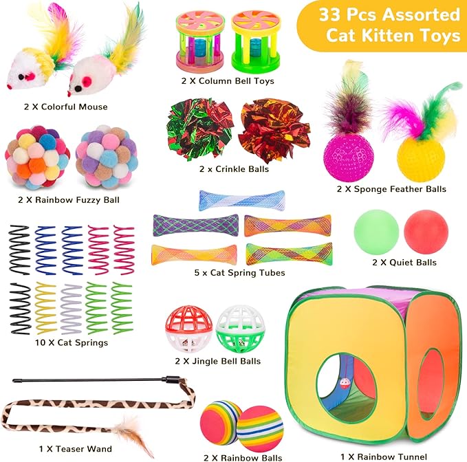 Retro Shaw Cat Toys, 33Pack, Interactive Kitten Toys for Indoor Cats Kitty with Collapsible Cat Tunnel Tube Tent Feather Wand Teaser Bell Fuzzy Pompom Crinkle Ball Springs Mice Toys