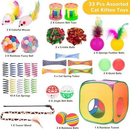 Retro Shaw Cat Toys, 33Pack, Interactive Kitten Toys for Indoor Cats Kitty with Collapsible Cat Tunnel Tube Tent Feather Wand Teaser Bell Fuzzy Pompom Crinkle Ball Springs Mice Toys