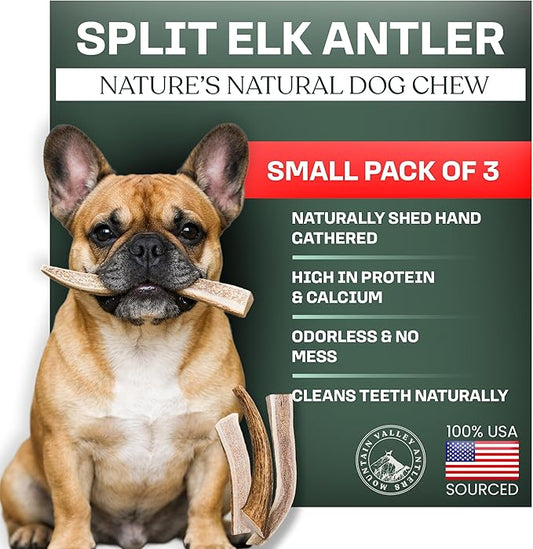 Mountain Valley Elk Antlers for Dogs - 100% Natural & Organic Chew for Aggressive Chewers, No Odor, No Mess, Long Lasting - Wild-Foraged Naturally Shed Antlers in USA - Grade A, Split Small (3 Pack)
