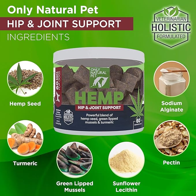 Only Natural Pet Hemp Hip & Joint Support for Dogs - Supplement for Mobility Wellness Pain Relief Healthy Inflammatory & Bone Stiffness - Chews w/Fatty Acid Blend Mussels & Turmeric - 60-Ct (2-Packs)