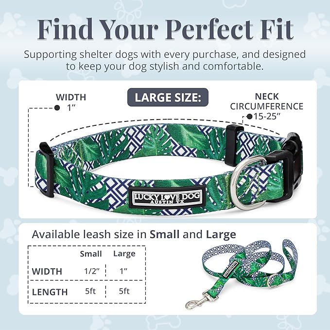 Lucky Love Dog Collar and Leash Set, Beautiful & Vivid Patterns, Easy On & Off Clasp Accessory (Blue Laguna, L Combo)