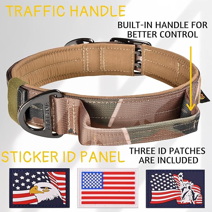 ADITYNA Heavy Duty Camo Dog Collar for Large Dogs - Collar with Handle for Training, and Walking - Wide, Thick, Tactical, Soft Neoprene Padded