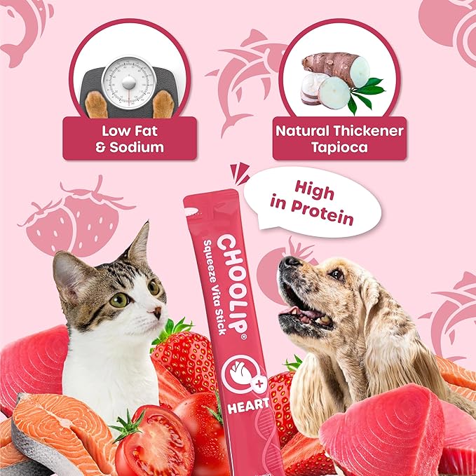 Choolip Squeeze Vita Stick Lickable Cat and Dog Treats, 7-Count Heart Support, Salmon and Tuna with CoQ10, Taurine and L-Carnitine, Grain-Free, Vet-Formulated